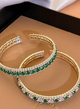 达令 祖母绿方形镶钻开口手镯 轻奢精致不掉色手环 女款镯子 手饰