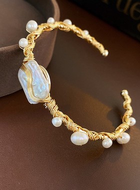 达令 几何缠绕巴洛克珍珠开口手镯 高级感手链 手环 素圈 手饰品