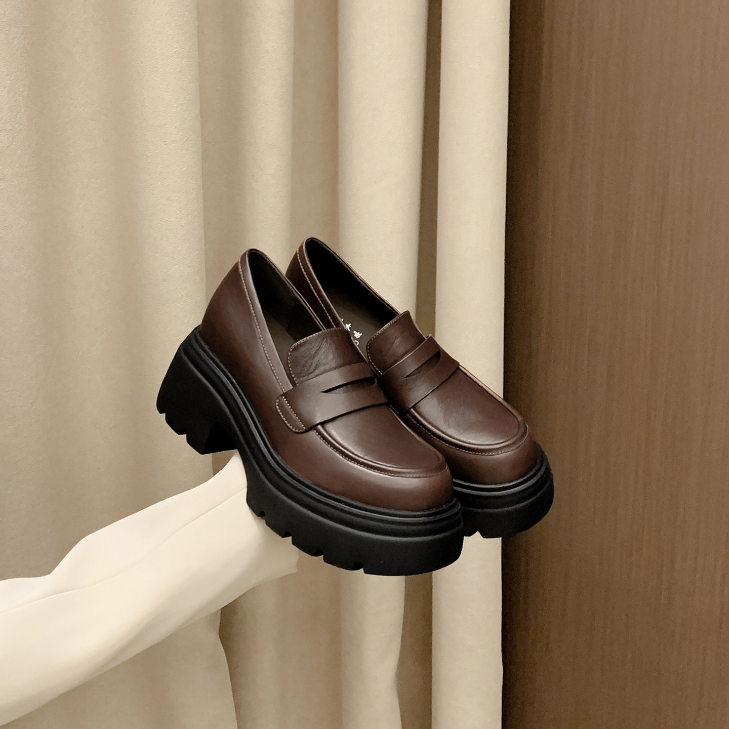 小个子内增高一脚蹬玛丽珍小皮鞋女小码313233厚底真皮透气乐福鞋 - 图1