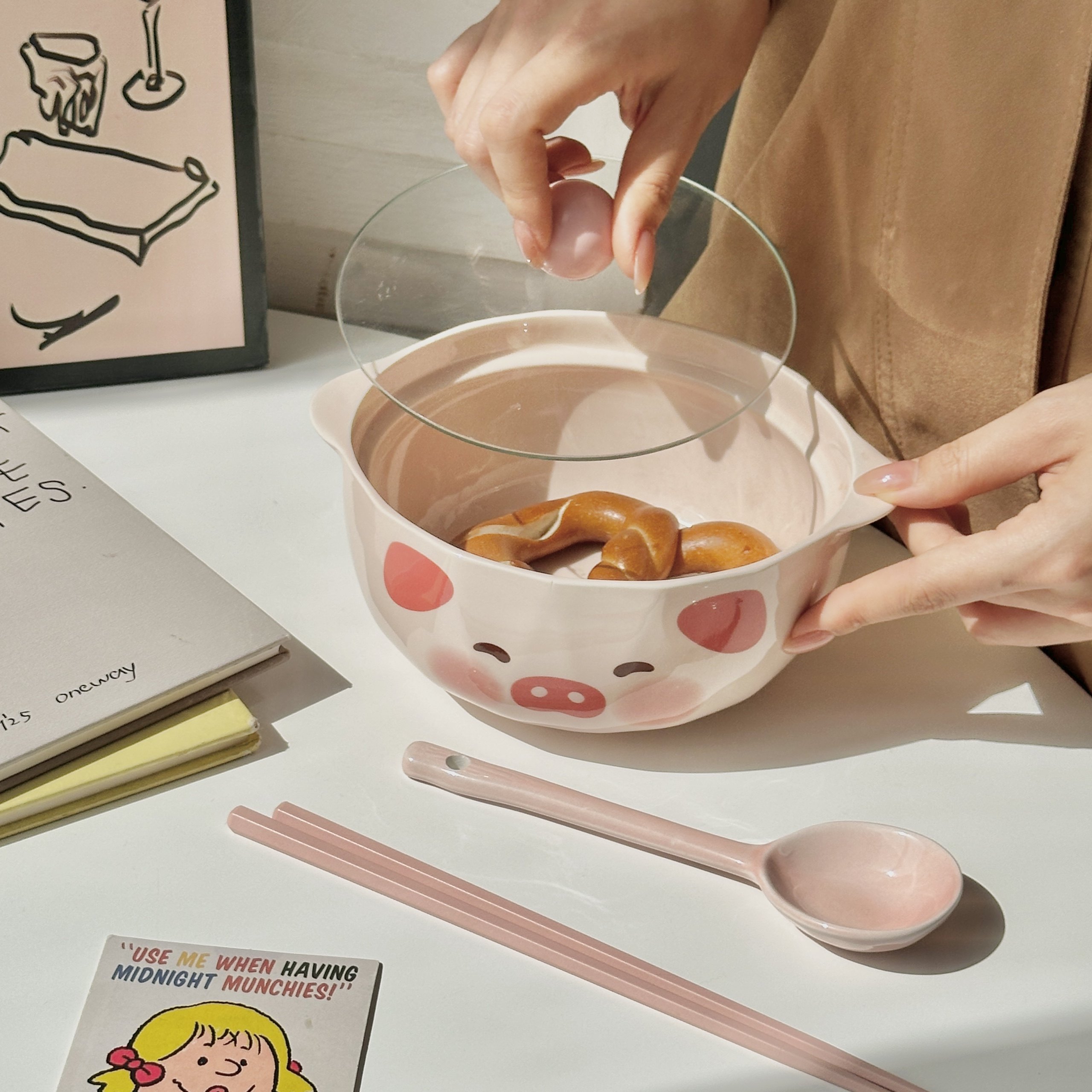 可爱粉猪猪泡面碗带盖陶瓷釉下彩可微波炉学生宿舍方便面碗大容量,淘宝优惠券,粉丝福利购,淘宝优惠卷