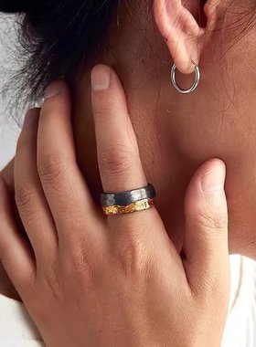 手工复古【长河】戒指男士个性复古镶24K金开口指环错金分色刻字