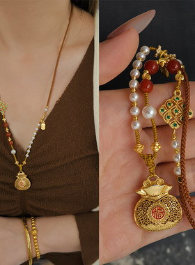 沙金福袋吊坠珍珠项链长款配饰