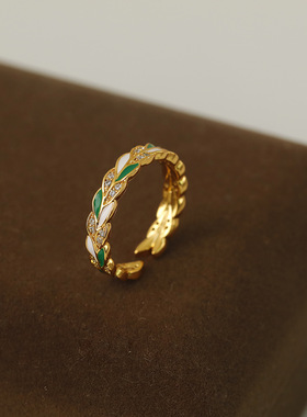 级感时尚清新绿色滴油锆石戒指夏季新款小众设计气质开口戒可调