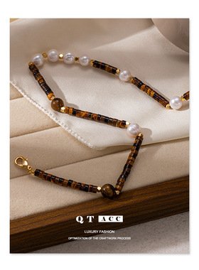 铜镀18k金 欧美时尚复古天然虎眼石珍珠串珠项链秋冬感毛衣链