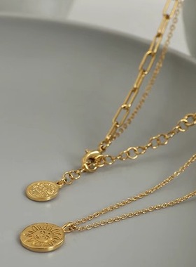 黄铜镀18K真金 网红潮流吊牌叠戴风双层链条质感项链简约叠戴颈