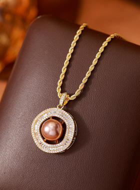 秋冬新款时尚香槟色珍珠吊坠项链
