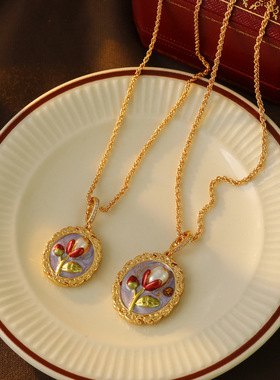 油画风轻奢级感花朵珍珠项链中古简约紫色珠光滴釉珍珠毛衣链