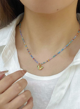 清新时尚精致滴油蝴蝶锆石珠项链配饰女轻奢小众感串珠锁骨链