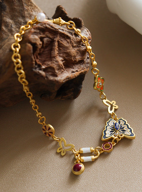 原创时尚精致镂空彩色滴油花朵蝴蝶手链轻奢小众感复古手饰女