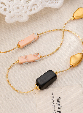 长方木圆柱铜珠斑点天然石长款毛衣链轻奢感项链轻奢小众项链