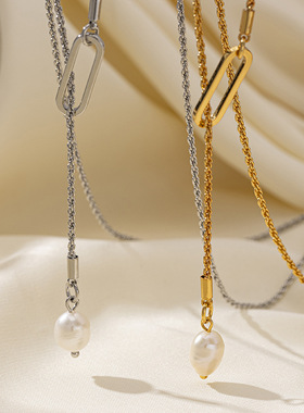 跨境复古黄铜镀金珍珠项链高级感女毛衣链秋冬长款轻奢感简约百搭