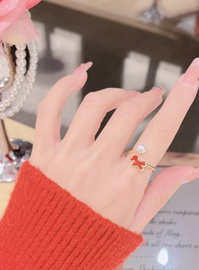 真珍珠蝴蝶戒指女小众高级感ins风finger ring开口戒指不掉色食指