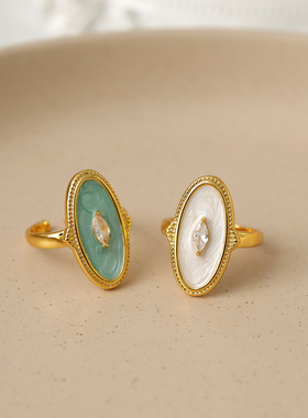 韩版个性椭圆珠光滴油锆石开口戒指女士宫廷风几何开口指环饰品