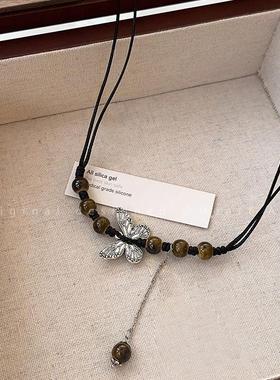 民族链布艺复古感新项链锁骨高级天石风中式女中式项链蝴蝶串珠