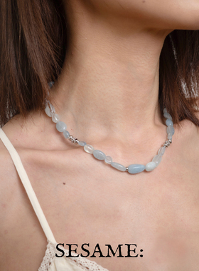 椭形天然石海蓝宝天然石串珠项链度假原创设计春夏新品