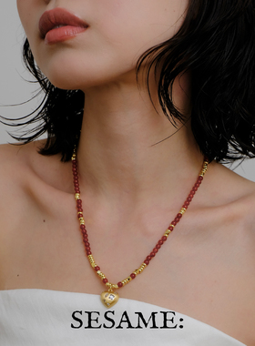 飒米红玛瑙镶嵌锆石爱心吊坠天然串珠项链气质新中式生日礼物