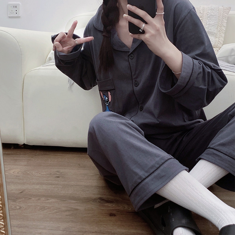 韩国史迪奇卡通睡衣纯棉长袖长裤情侣睡衣女纯色日系学生秋季套装,淘宝优惠券,粉丝福利购,淘宝优惠卷