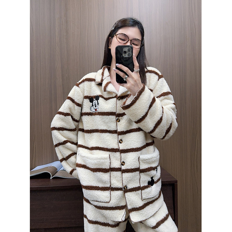 韩国卡通米奇睡衣男女加厚米粒绒秋冬条纹情侣ins长袖长裤家居服,淘宝优惠券,粉丝福利购,淘宝优惠卷
