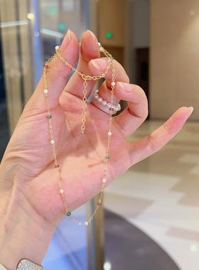 天然珍珠彩色碧玺链条满天星锁骨链项链女款小众ins风简约14k包金