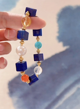 青金石黄水晶白水晶淡水珍珠多宝天然石手串单圈弹力绳原创镀金秋