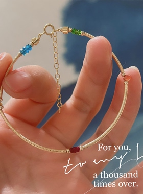 原创红蓝宝石水滴14k包金手链