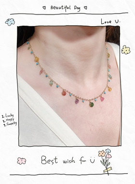 天然西瓜碧玺平安扣包金锁骨链