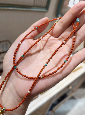 天然南红玛松石拼淡水珍珠串珠国新风中式细层小米珠项链毛衣链女