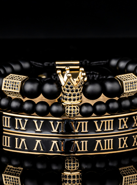 皇冠手链不锈钢手工编织男罗马数字手镯黑玛瑙白瓷珠情侣礼物小众