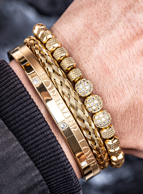 3件套三颗钻球手链不锈钢手工编织男士罗马数字手镯情侣礼物小众