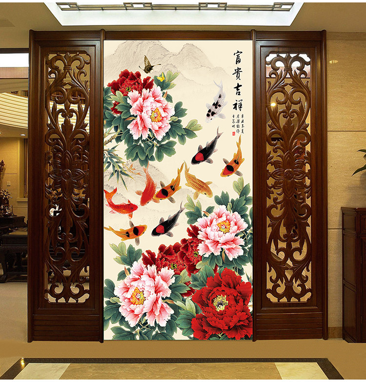 定制中式墙纸牡丹花玄关过道竖版壁画走廊背景墙花开富贵壁纸墙布