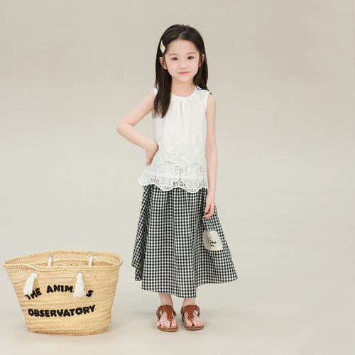 大耳象女童贴布格纹半裙+蕾丝无袖小衫2026夏季新款宝儿休闲套装 - 图2
