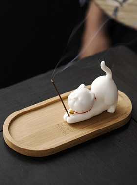 白色趴趴猫线香插可爱桌面摆件