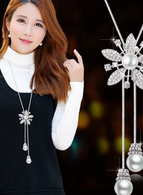 大气珍珠花朵毛衣链女高级感