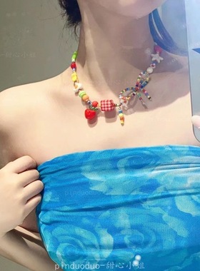 「苹果乐园」多巴胺彩色苹果星星串珠项链2025新款轻奢夏日锁骨链