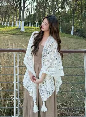 云南民族风扎染披肩度假针织斗篷女草原旅游拍照披风汉服旗袍外搭