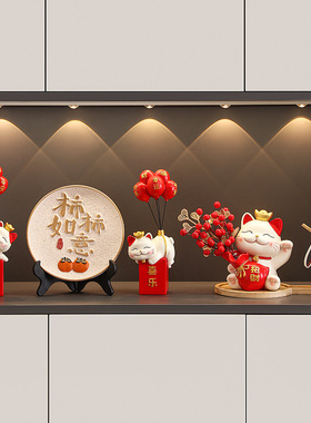 平安喜乐气球招财猫创意树脂工艺品家居客厅玄关装饰摆件乔迁礼品