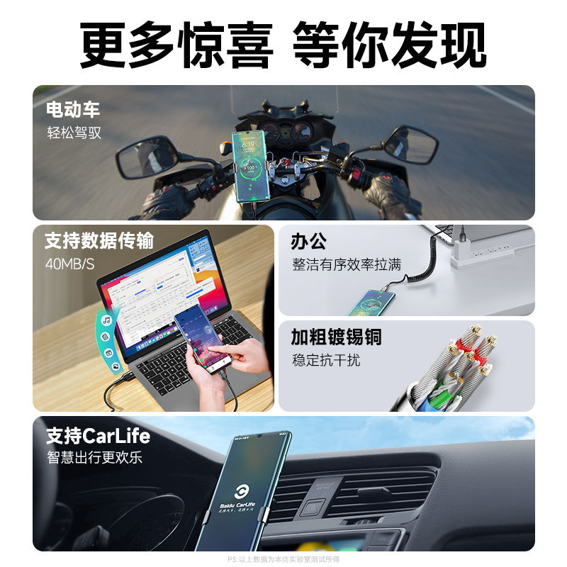 100W双头typec快充数据线pd车载弹簧carplay充电线器适用苹果iPhone15华为小米6A闪充安卓通用平板笔记本伸缩-图3