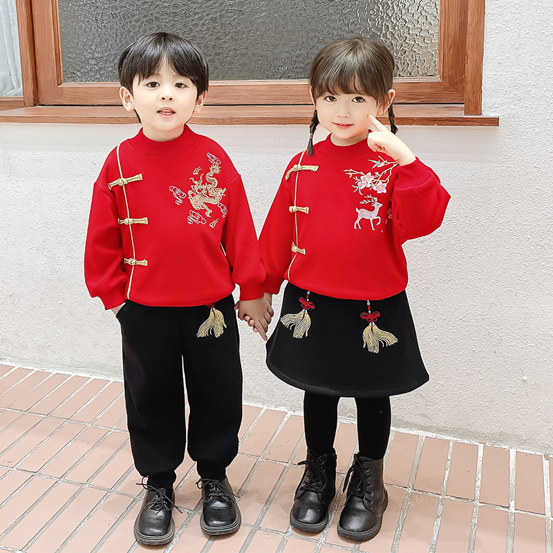 男童加绒套装中国风秋冬季红色喜庆宝宝拜年服儿童表演服女童古装