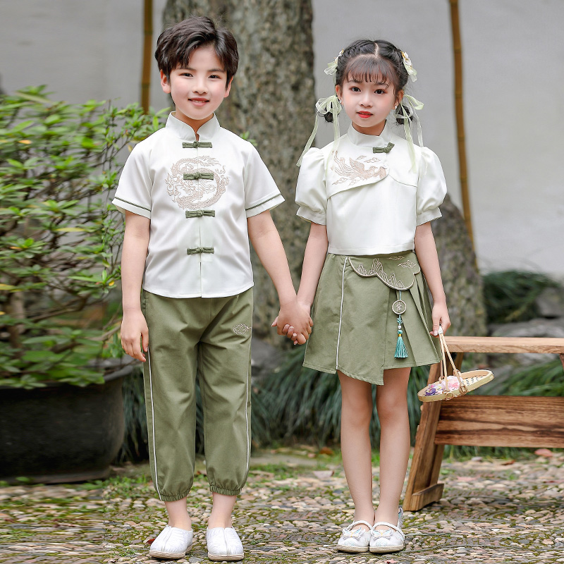 儿童演出服男童夏装套装中国风国庆小学生毕业表演古装汉服女童装 - 图0