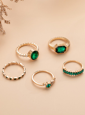 跨境热销饰品 ins风博主同款仿绿宝石几何镶钻戒指5件套 满钻指环