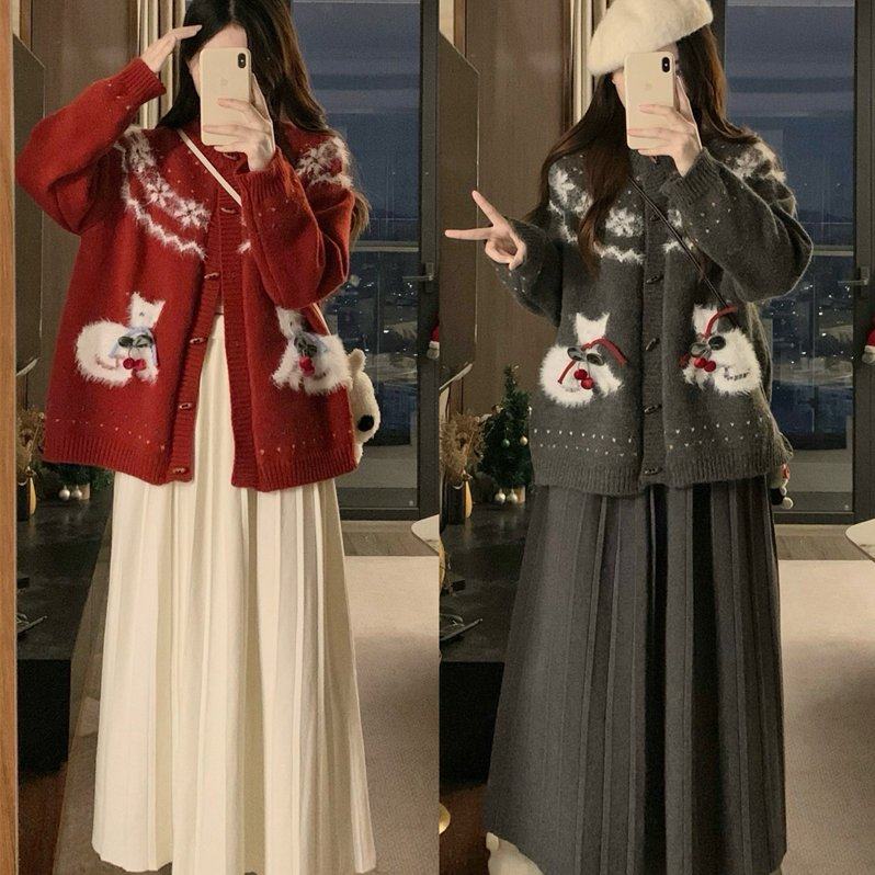 大码秋冬新款甜美风圣诞雪花毛衣开衫外套高腰半身裙两件套,淘宝优惠券,粉丝福利购,淘宝优惠卷
