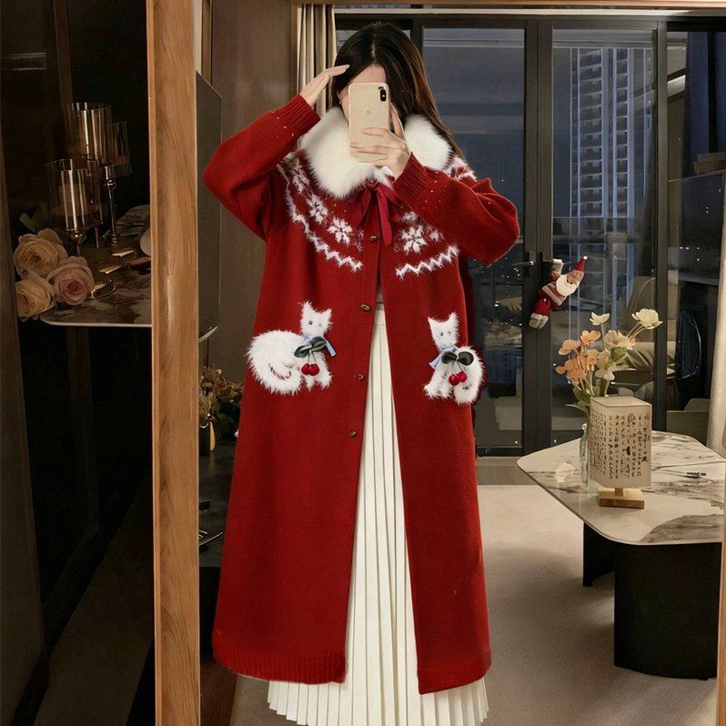 大码秋冬新款甜美风圣诞雪花毛衣开衫外套高腰半身裙两件套,淘宝优惠券,粉丝福利购,淘宝优惠卷