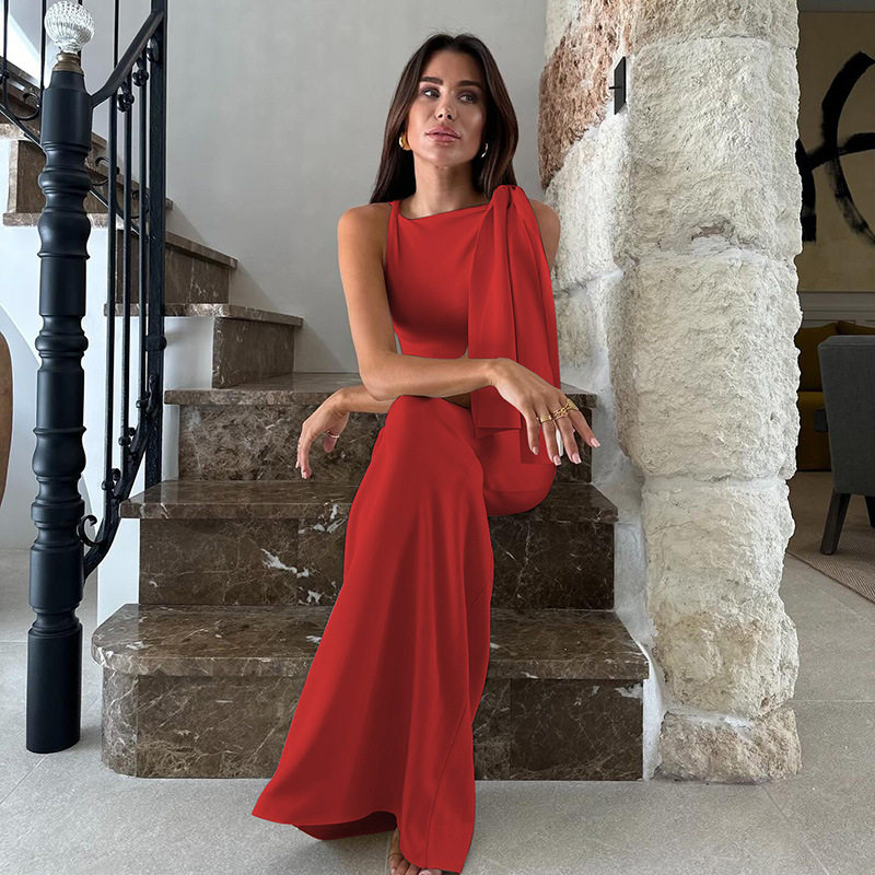 亚马逊热销女装2025夏季新品时尚气质单肩飘带纯色连衣裙外贸