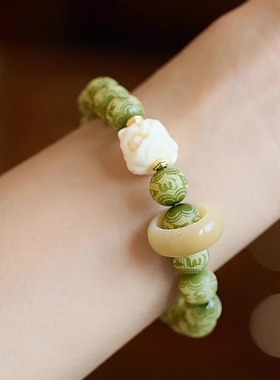 寺庙同款绿菩提炭烧猫爪招财猫吊坠手串醒狮跑环六字箴言转运手链