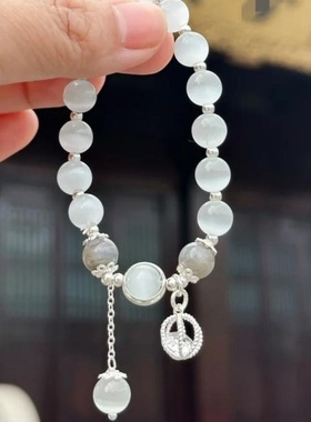 天然猫眼石手链白水晶好运手串简约复古文艺女手饰品爆款百搭款