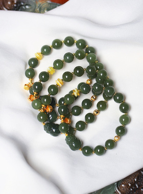 天然和田玉青黄口料圆珠搭配小貔貅原创搭配款手链 女款玉石手串