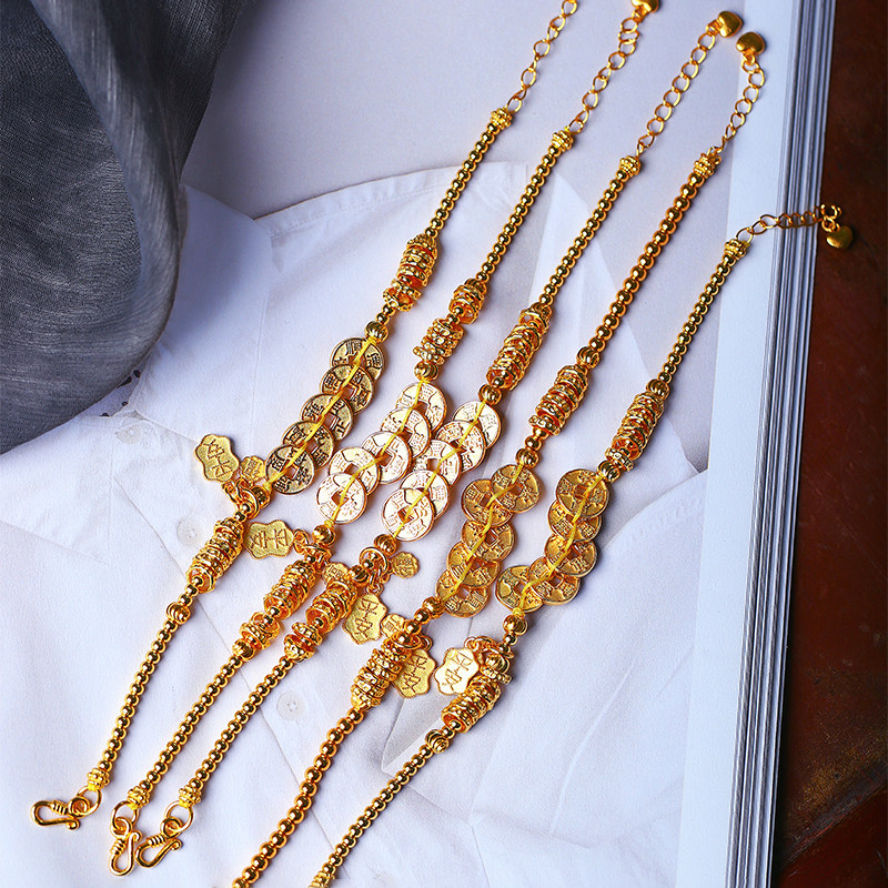 999足银镀金圆珠搭配五帝钱款手链 女款纯银原创设计款银手链饰品,淘宝优惠券,粉丝福利购,淘宝优惠卷