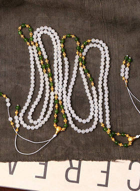 天然和田玉老料白玉圆珠多圈手链搭配碧玉珠子原创款手链女款饰品