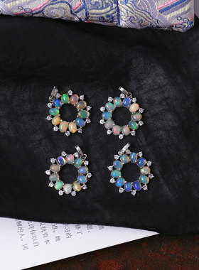 精品彩宝 天然欧珀裸石纯银镶嵌甜甜圈款吊坠 女款欧泊饰品火彩好