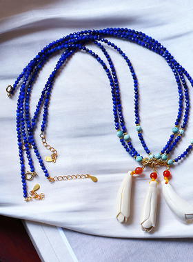 猛犸象牙玉兰花搭配青金石链吊坠